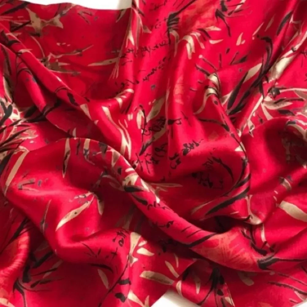 Men's Red Doubled Silk Scarf Hieroglyphs and Floral Bamboo Design Fringed